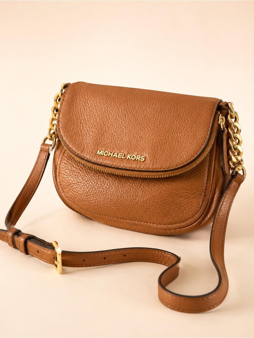Michael Kors Cognac Pebbled Leather Crossbody Bag Gold Chain Luxe Organizer